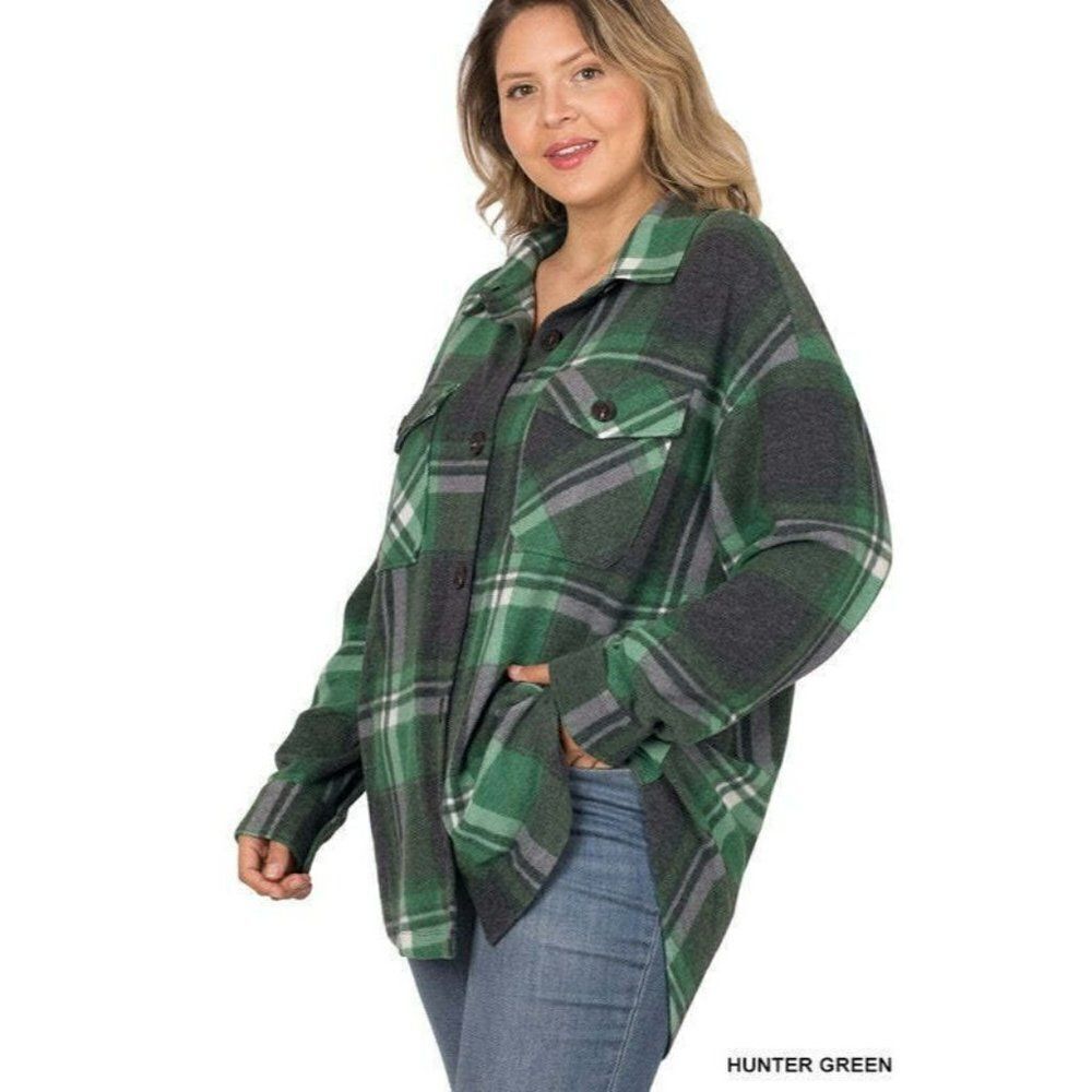 Zenana Outfitters Hunter Green Plaid Shacket Jacket Fall Winter New S-L QJ-630D4 - Picture 2 of 2